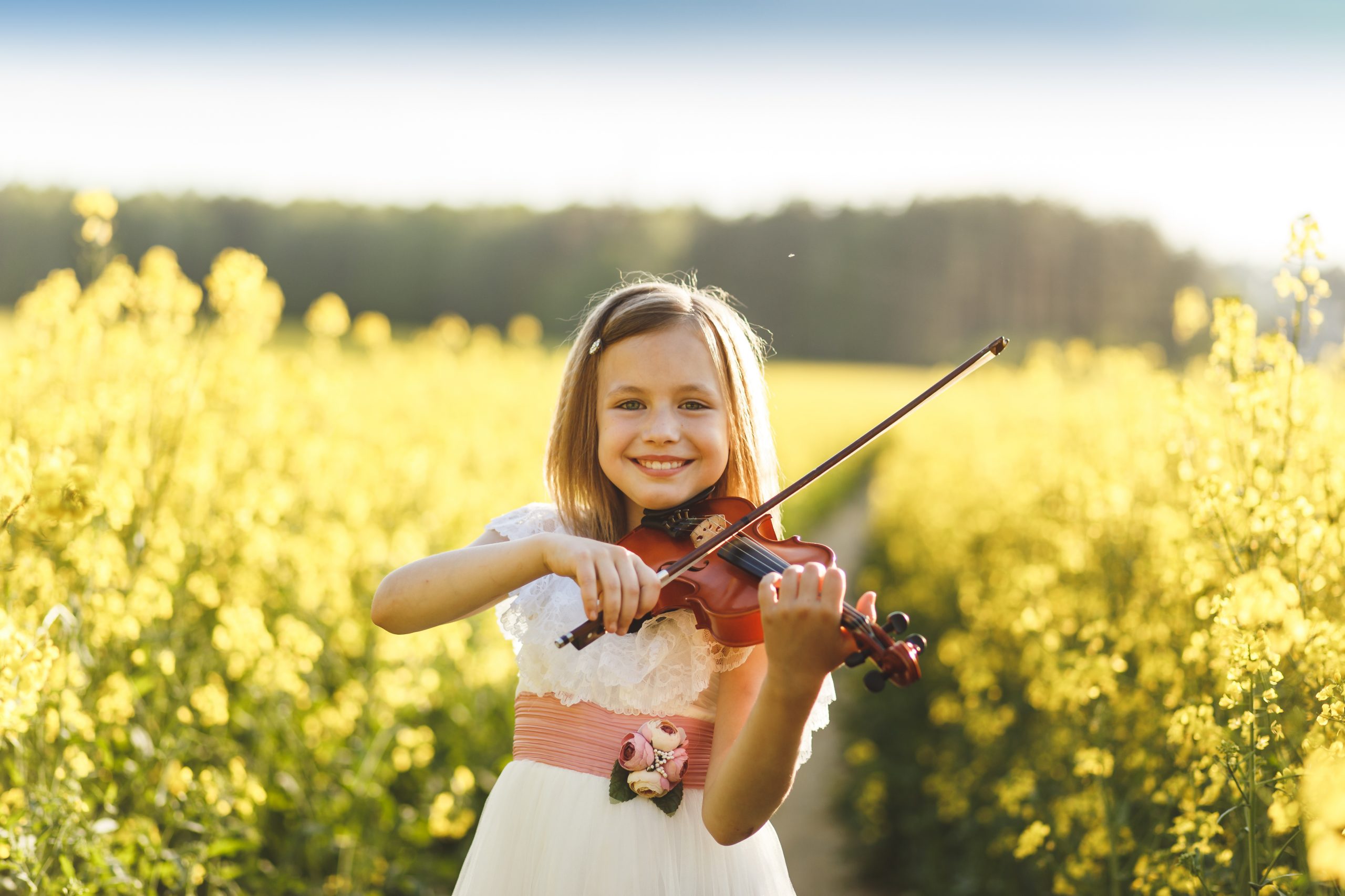 girl with a violin in a field in summer